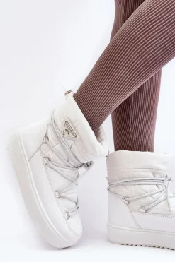 Clearance Boto Damskie Śniegowce Na Platformie Z Wiązaniem Białe Fleure Biały