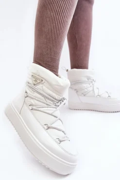 Clearance Boto Damskie Śniegowce Na Platformie Z Wiązaniem Białe Fleure Biały