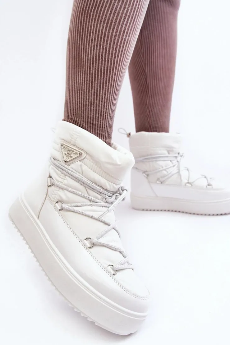 Clearance Boto Damskie Śniegowce Na Platformie Z Wiązaniem Białe Fleure Biały