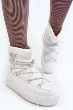 Clearance Boto Damskie Śniegowce Na Platformie Z Wiązaniem Białe Fleure Biały