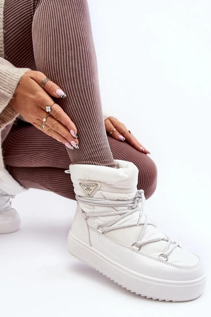 Clearance Boto Damskie Śniegowce Na Platformie Z Wiązaniem Białe Fleure Biały