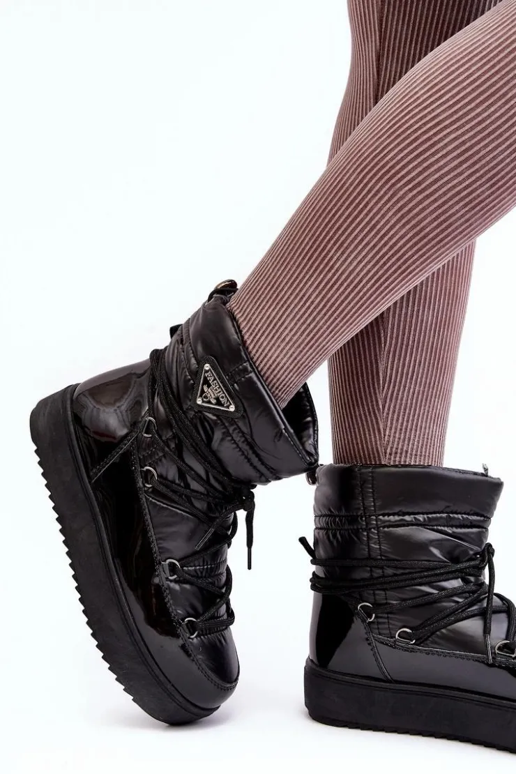 Boto Śniegowce Damskie*Damskie Śniegowce Na Platformie Z Wiązaniem Czarne Fleure Czarny