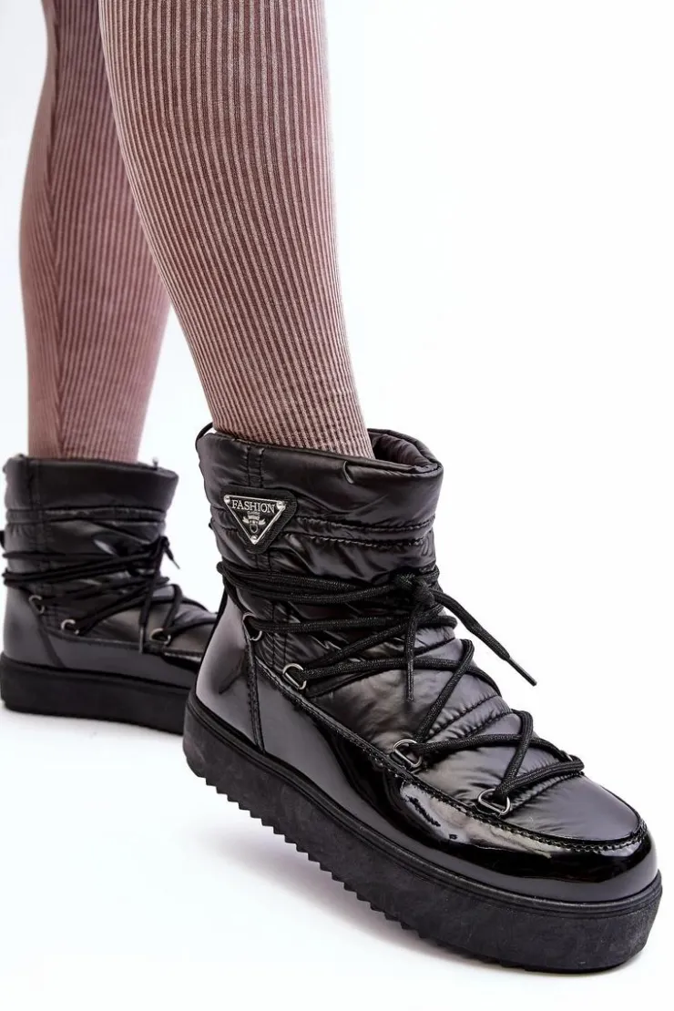 Boto Śniegowce Damskie*Damskie Śniegowce Na Platformie Z Wiązaniem Czarne Fleure Czarny