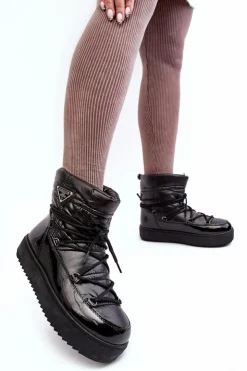 Boto Śniegowce Damskie*Damskie Śniegowce Na Platformie Z Wiązaniem Czarne Fleure Czarny