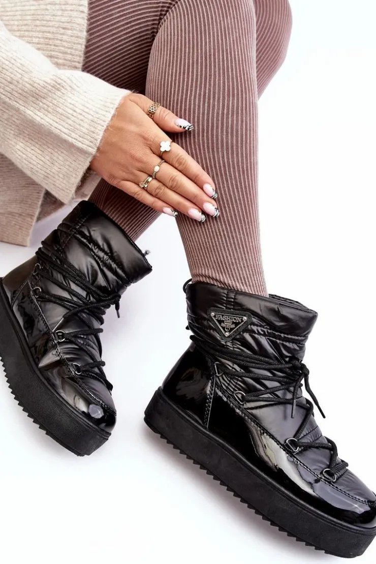 Boto Śniegowce Damskie*Damskie Śniegowce Na Platformie Z Wiązaniem Czarne Fleure Czarny