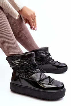 Boto Śniegowce Damskie*Damskie Śniegowce Na Platformie Z Wiązaniem Czarne Fleure Czarny