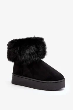 Damskie Boto Damskie Śniegowce Na Platformie Z Futerkiem Czarne Mancy