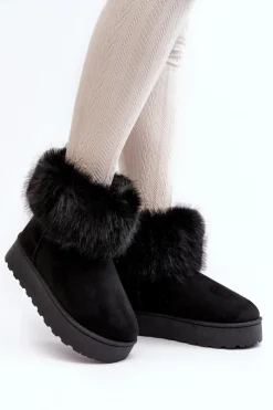 Damskie Boto Damskie Śniegowce Na Platformie Z Futerkiem Czarne Mancy