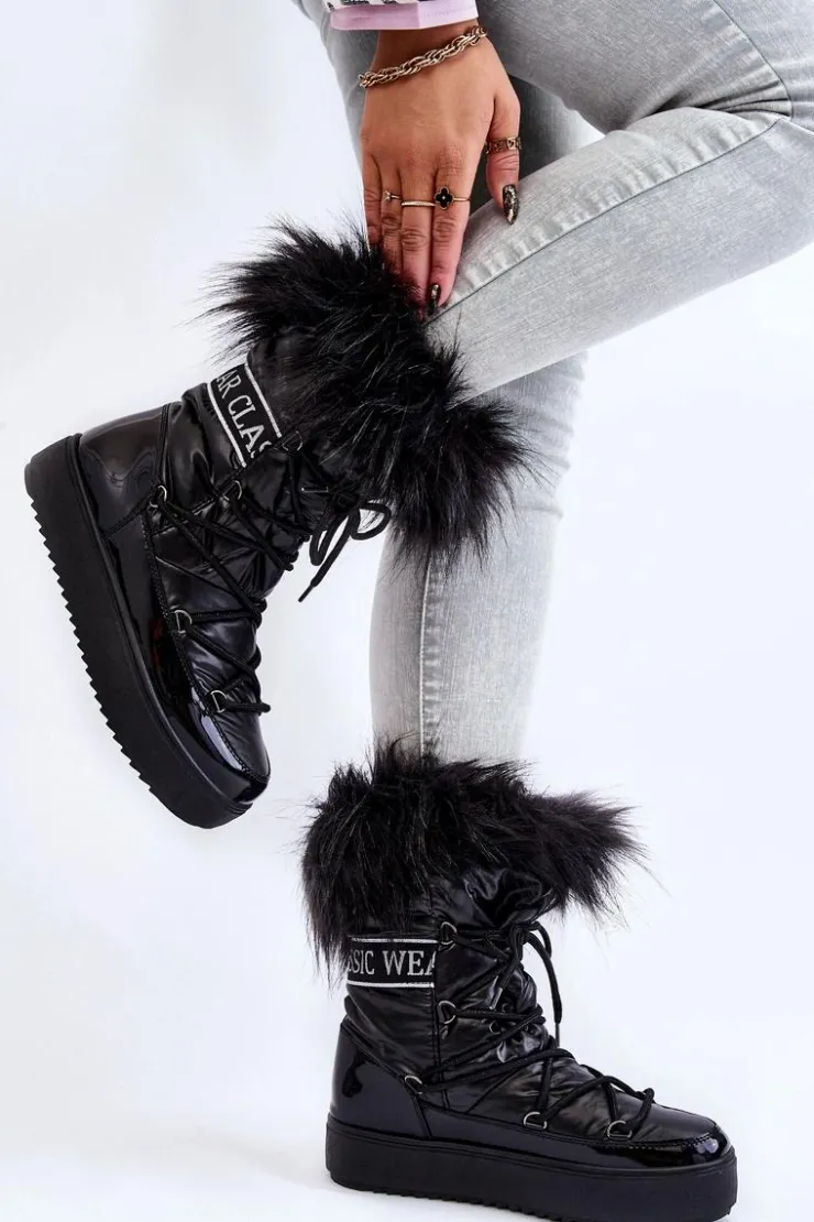 Sale Boto Damskie Śniegowce Sznurowane Czarne Santero