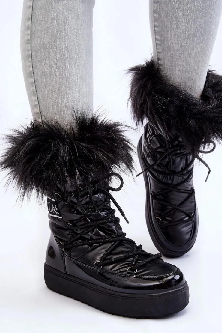 Sale Boto Damskie Śniegowce Sznurowane Czarne Santero