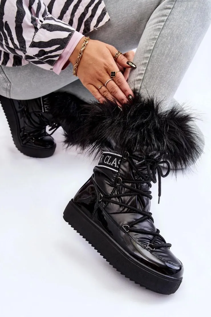 Sale Boto Damskie Śniegowce Sznurowane Czarne Santero