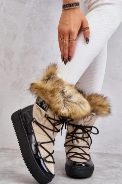 Boto Śniegowce Damskie*Damskie Śniegowce Sznurowane Beżowo-Czarne Santero