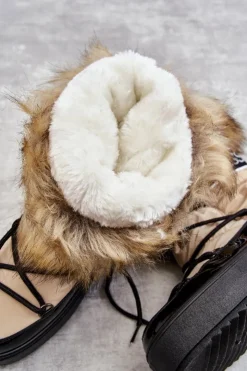 Boto Śniegowce Damskie*Damskie Śniegowce Sznurowane Beżowo-Czarne Santero