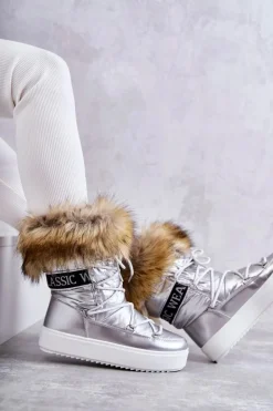 Outlet Boto Damskie Śniegowce Sznurowane Srebrne Santero