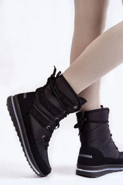 Damskie Boto Damskie Śniegowce Sznurowane Progress PROGJ-22-134 Czarne