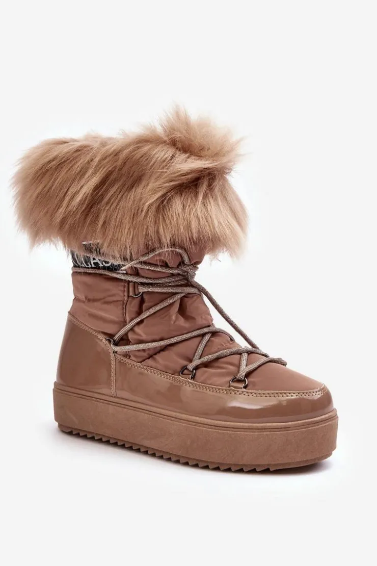 Outlet Boto Damskie Śniegowce Sznurowane Ciemnobeżowe Santero Beżowy