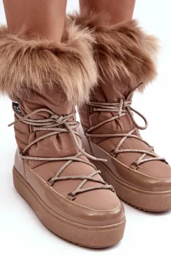 Outlet Boto Damskie Śniegowce Sznurowane Ciemnobeżowe Santero Beżowy