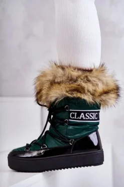 Boto Śniegowce Damskie*Damskie Śniegowce Sznurowane Zielone Santero