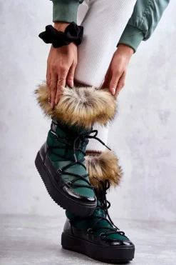 Boto Śniegowce Damskie*Damskie Śniegowce Sznurowane Zielone Santero