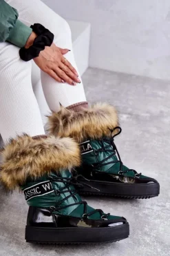 Boto Śniegowce Damskie*Damskie Śniegowce Sznurowane Zielone Santero