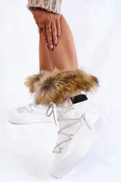 Boto Śniegowce Damskie*Damskie Śniegowce Z Futerkiem Sznurowane Białe Shannon