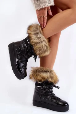 Damskie Boto Damskie Śniegowce Z Futerkiem Sznurowane Czarne Shannon