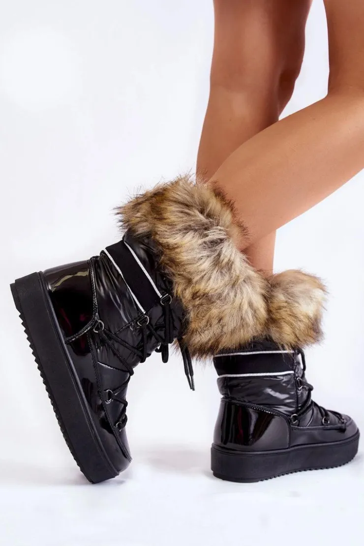 Damskie Boto Damskie Śniegowce Z Futerkiem Sznurowane Czarne Shannon