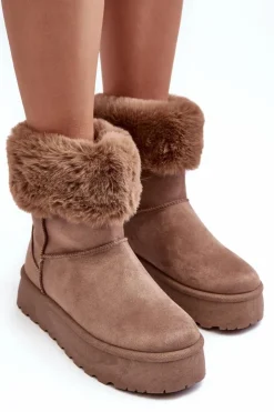 Boto Damskie Śniegowce Z Futerkiem Beżowe Rainsa