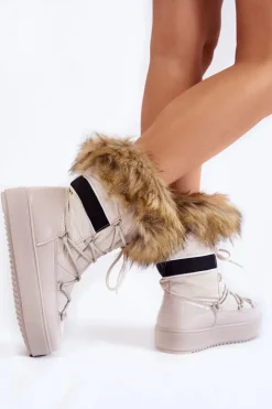 New Boto Damskie Śniegowce Z Futerkiem Sznurowane Beżowe Shannon