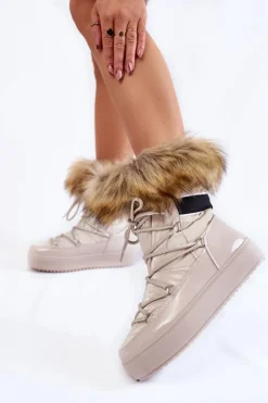 New Boto Damskie Śniegowce Z Futerkiem Sznurowane Beżowe Shannon
