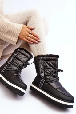 Boto Śniegowce Damskie*Damskie Śniegowce Z Wiązaniem Czarne Lilara