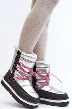 Outlet Boto Damskie Śniegowce Z Wiązaniem Srebrne Lilara Srebrny