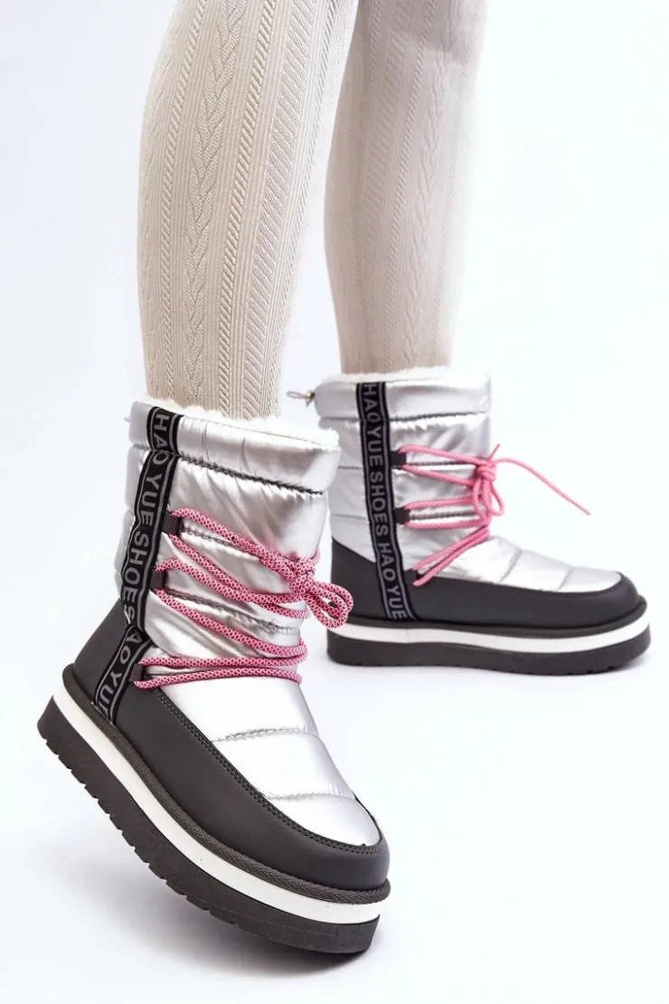 Outlet Boto Damskie Śniegowce Z Wiązaniem Srebrne Lilara Srebrny