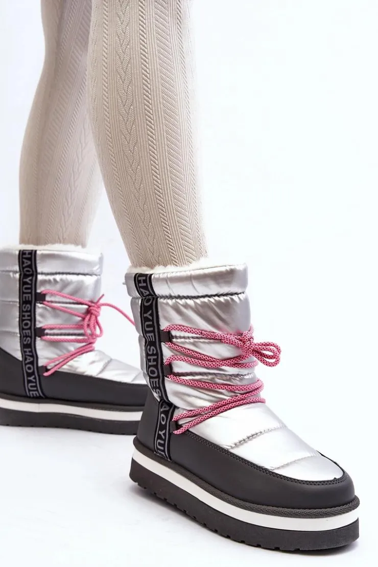 Outlet Boto Damskie Śniegowce Z Wiązaniem Srebrne Lilara Srebrny