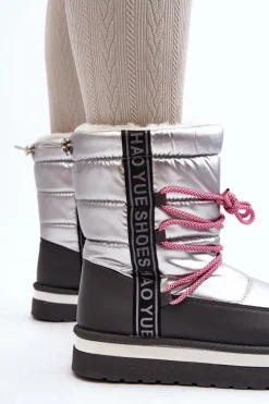 Outlet Boto Damskie Śniegowce Z Wiązaniem Srebrne Lilara Srebrny