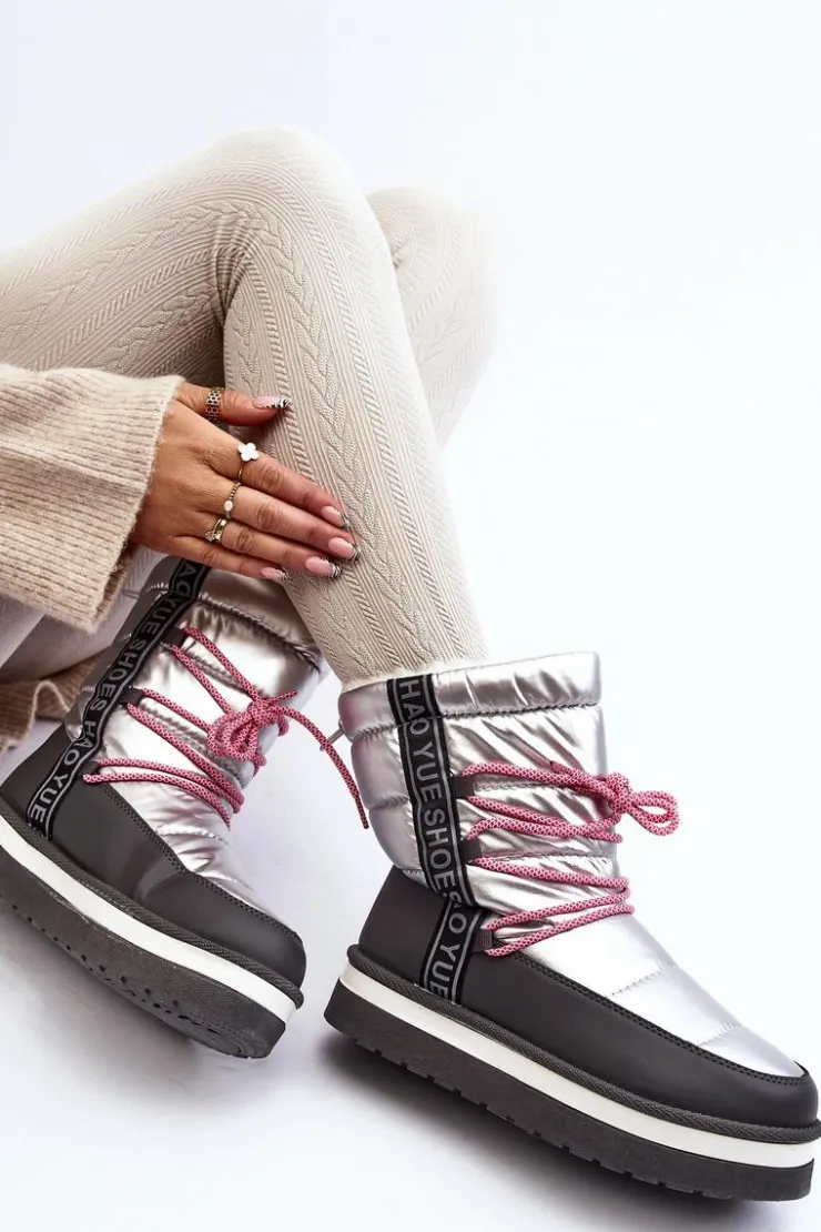 Outlet Boto Damskie Śniegowce Z Wiązaniem Srebrne Lilara Srebrny