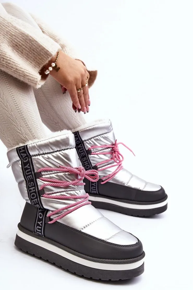 Outlet Boto Damskie Śniegowce Z Wiązaniem Srebrne Lilara Srebrny