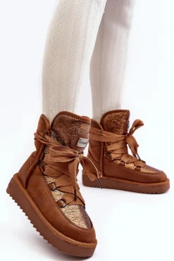 Online D.Franklin Damskie Śniegowce Z Wiązaniem DFSH370006 Brązowe