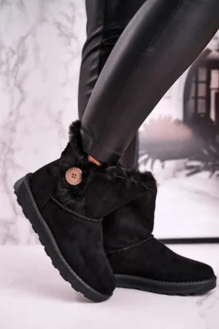 Hot Boto Damskie Śniegowce Zamszowe z Futerkiem Czarne Button