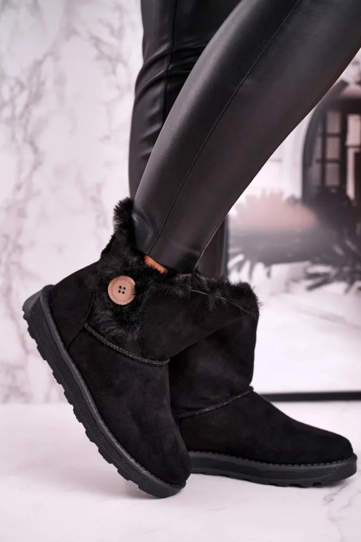 Hot Boto Damskie Śniegowce Zamszowe z Futerkiem Czarne Button