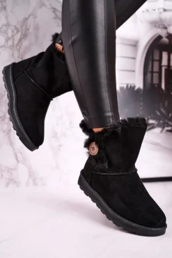Hot Boto Damskie Śniegowce Zamszowe z Futerkiem Czarne Button