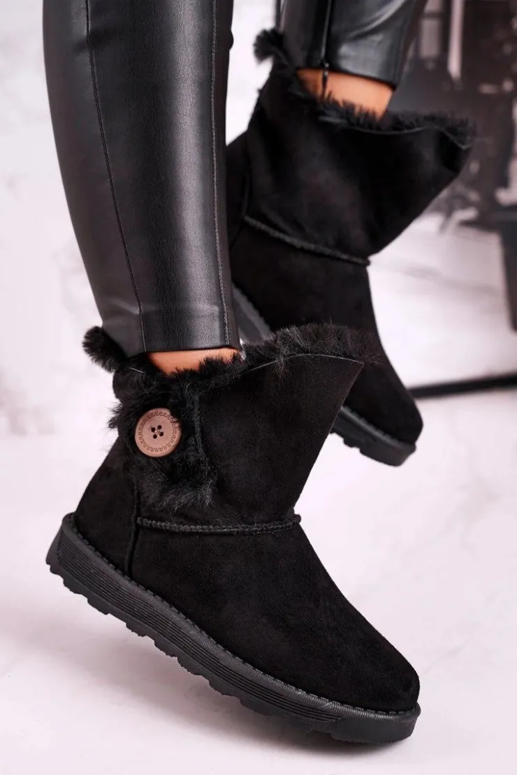 Hot Boto Damskie Śniegowce Zamszowe z Futerkiem Czarne Button