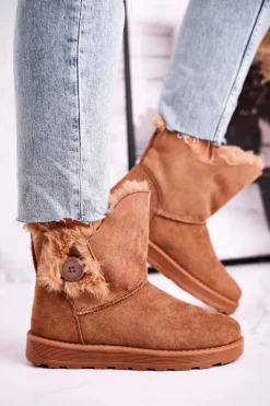 Boto Czarne Botki|Botki Zimowe Damskie*Damskie Śniegowce Zamszowe z Futerkiem Brązowe Button