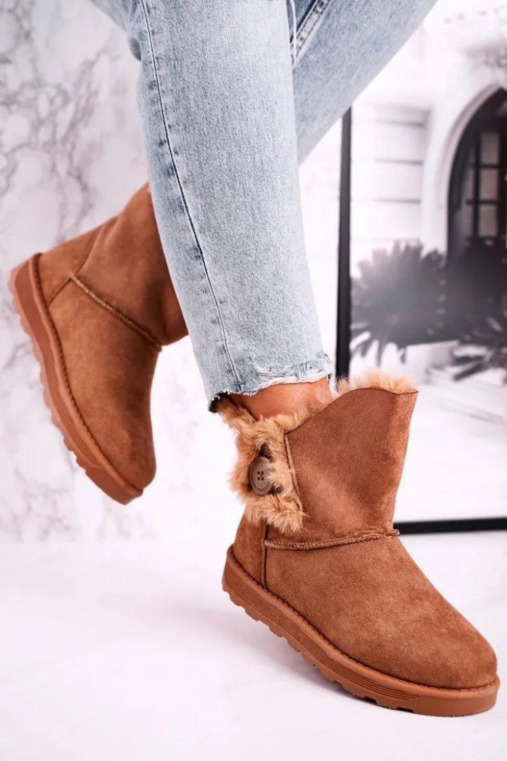 Boto Czarne Botki|Botki Zimowe Damskie*Damskie Śniegowce Zamszowe z Futerkiem Brązowe Button