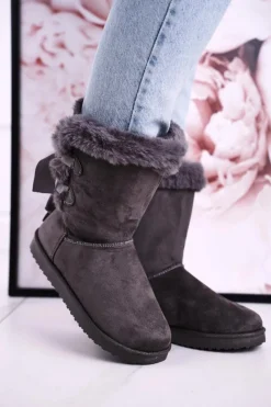 Boto Śniegowce Damskie*Damskie Śniegowce Ze Wstążką Ocieplone Futerkiem Szare Kaylee