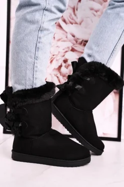 Boto Damskie Śniegowce Ze Wstążką Ocieplone Futerkiem Czarne Kaylee