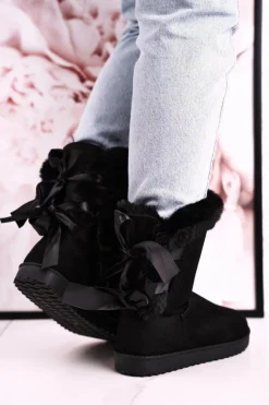 Boto Damskie Śniegowce Ze Wstążką Ocieplone Futerkiem Czarne Kaylee