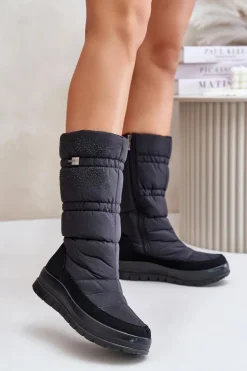 Boto Śniegowce Damskie|Kozaki Płaskie*Damskie Śniegowce Ze Zdobieniem Progress PROGJ-24-147 Czarne