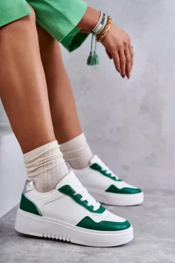 Boto Buty Sportowe Na Platformie|Sneakersy Damskie*Damskie Niskie Buty Sportowe Na Platformie Biało-Zielone Kyllie