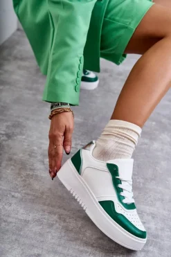 Boto Buty Sportowe Na Platformie|Sneakersy Damskie*Damskie Niskie Buty Sportowe Na Platformie Biało-Zielone Kyllie